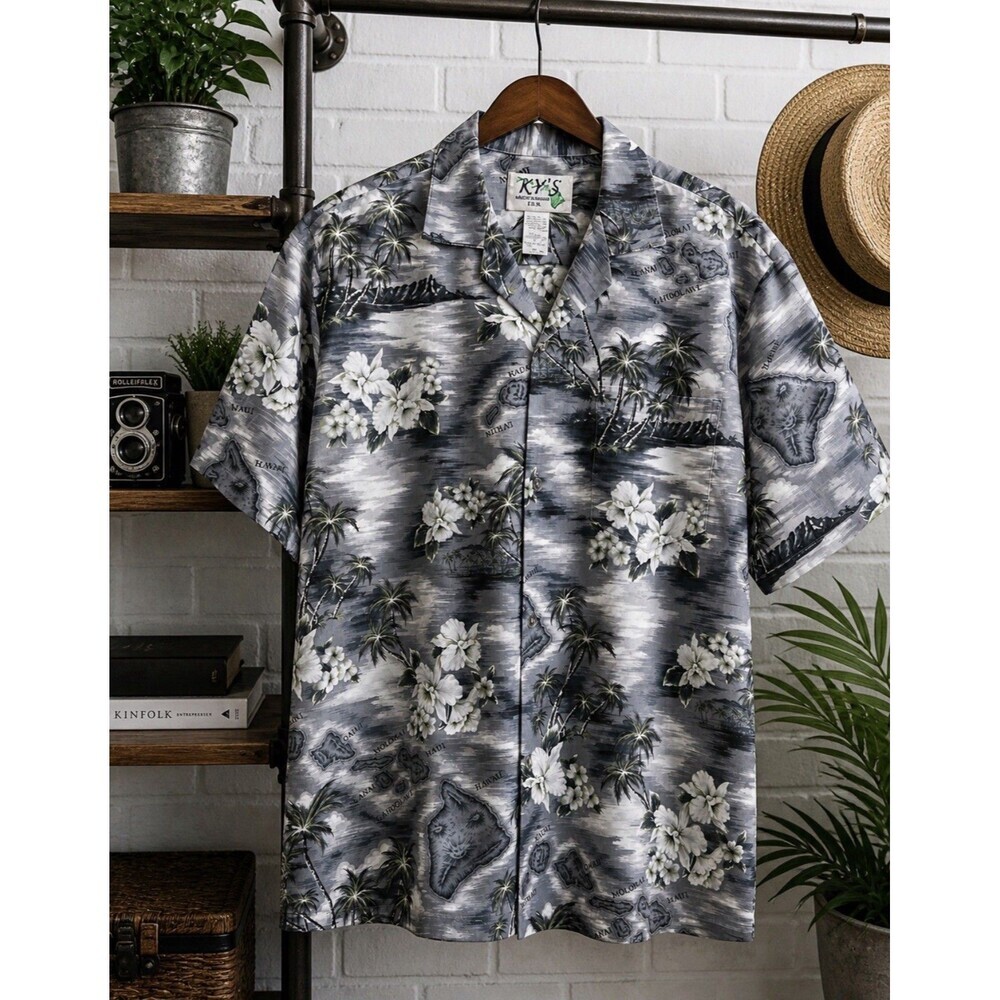 KY'S Hawaiian Shirt USA Island Map Monochrome Tropical Gray Mens Medium Vintage